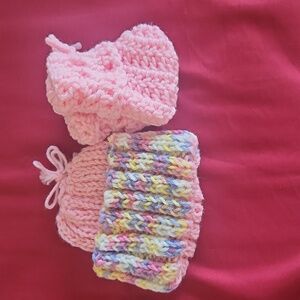 Hand knitted set of baby hat and booties